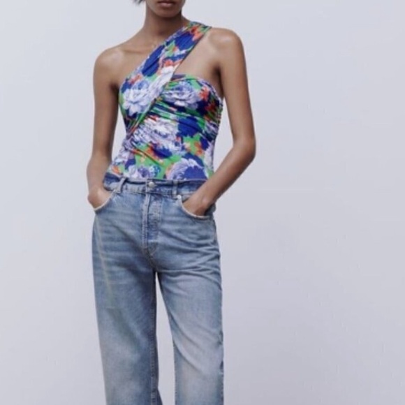 ZARA NWT Women's Blue Multi Floral Asymmetrical One Shoulder Bodysuit Size Med - Picture 1 of 6